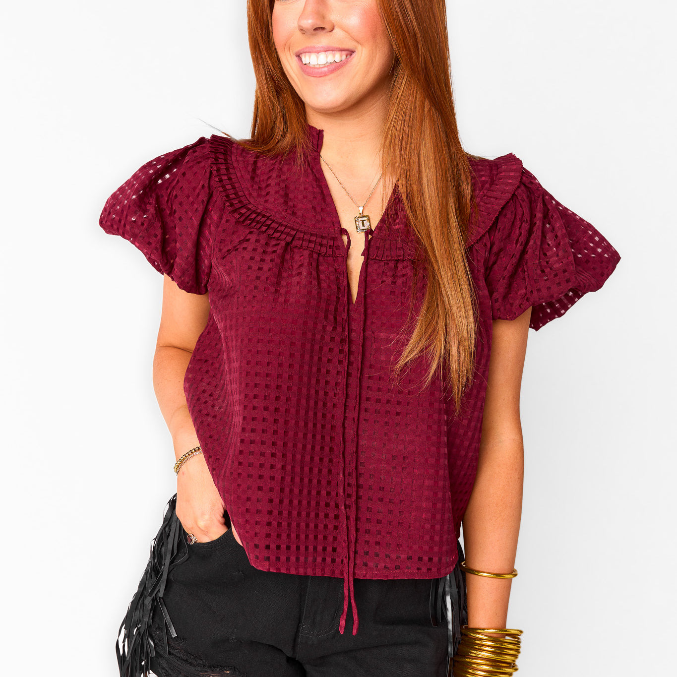Leeland Puff Sleeve Top - Maroon