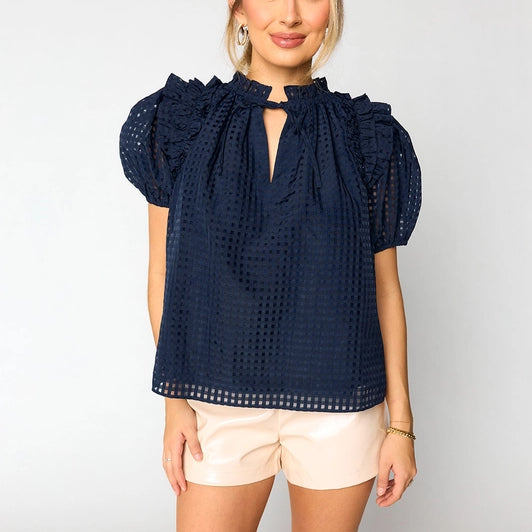 Essie Ruffle Short Sleeve Top - Navy
