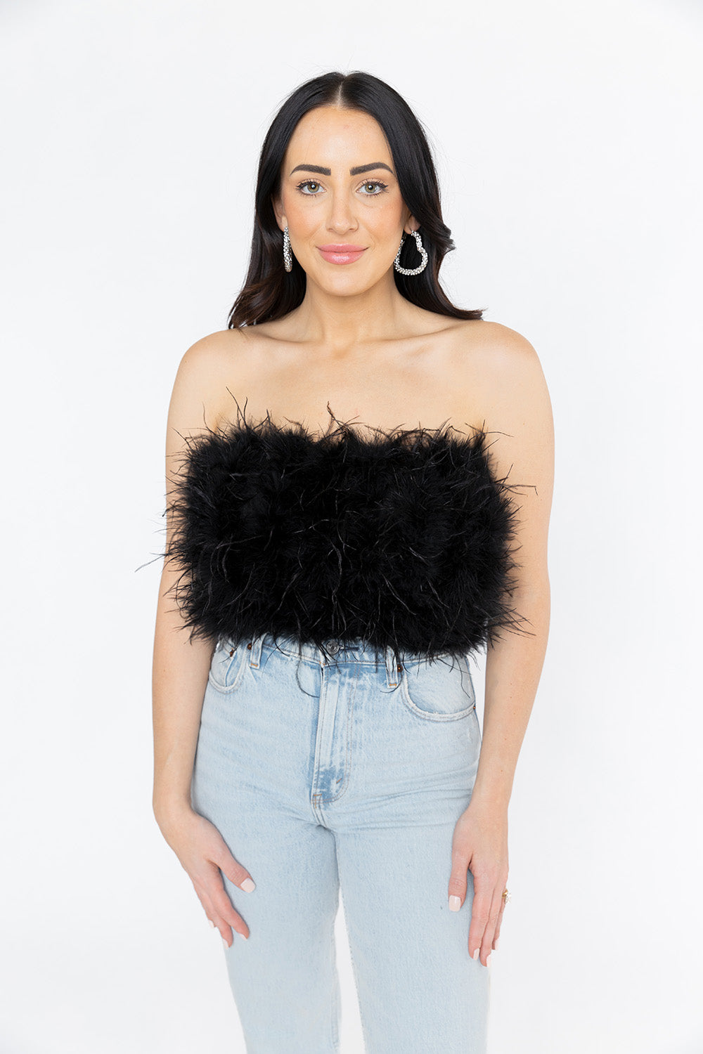 BuddyLove Fancy Strapless Feather Crop Top - Black