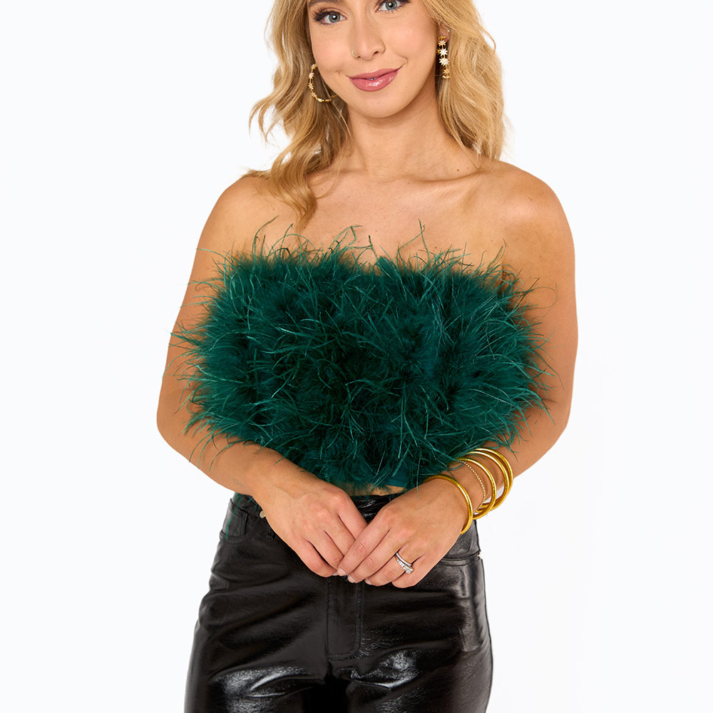 BuddyLove Fancy Strapless Feather Crop Top - Emerald