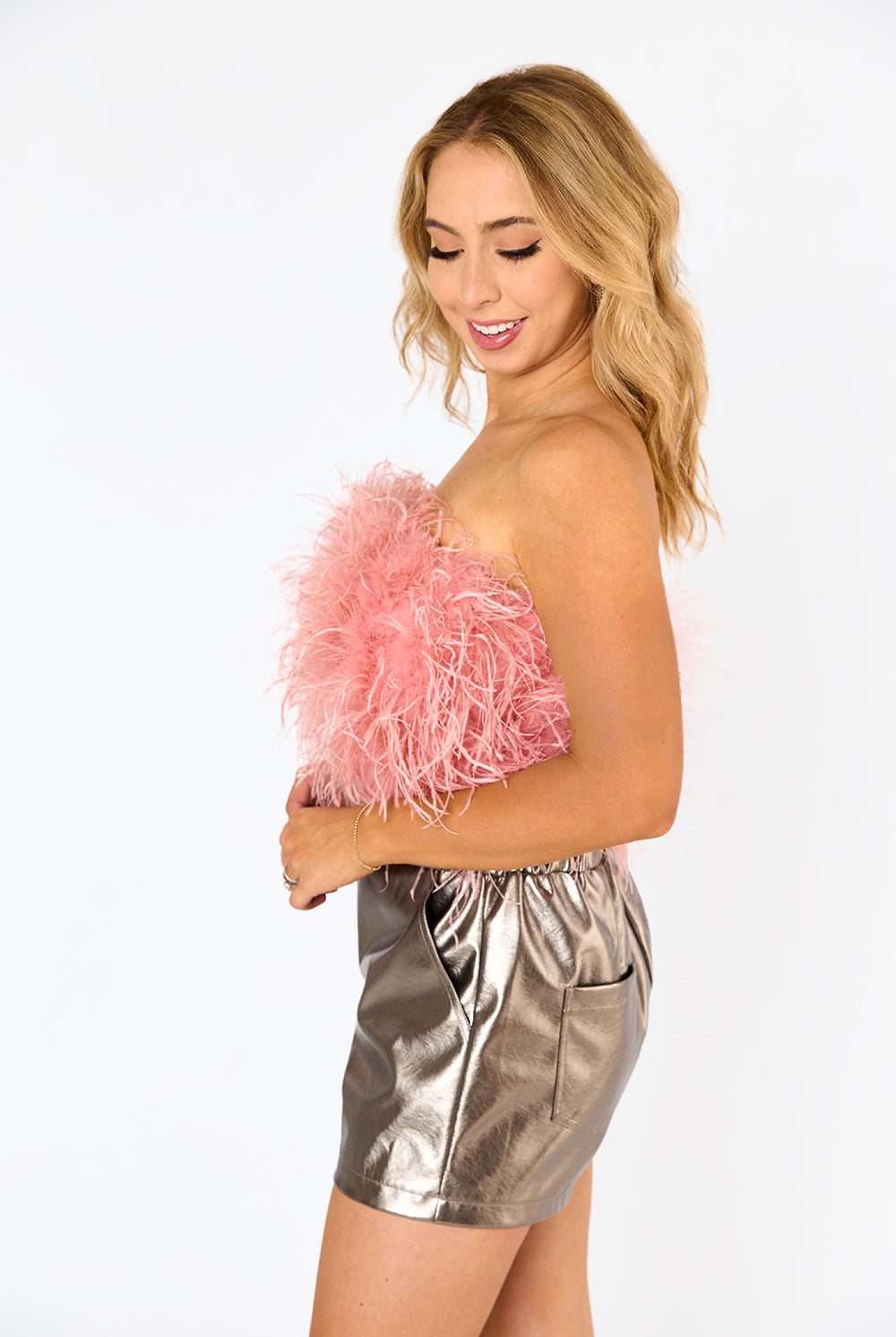 BuddyLove Fancy Strapless Feather Crop Top - Rose Gold
