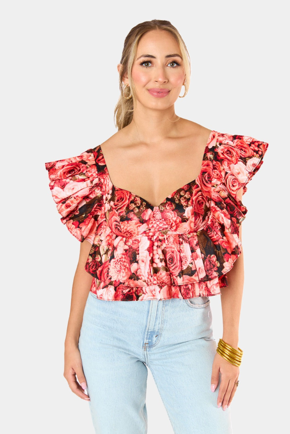 BuddyLove Madeline Ruffle Sleeve Bustier Top - Autumn Rose
