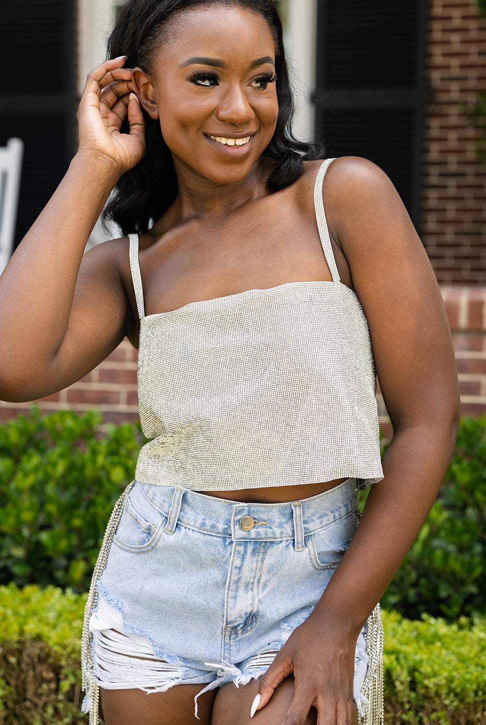 BuddyLove Girly Girl Rhinestone Crop Top - Silver