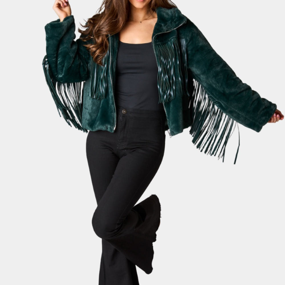 BuddyLove Skylar Fringe Faux Fur Jacket - Jade