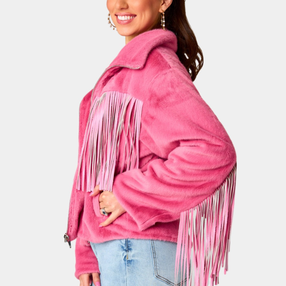 BuddyLove Skylar Fringe Faux Fur Jacket - Hot Pink