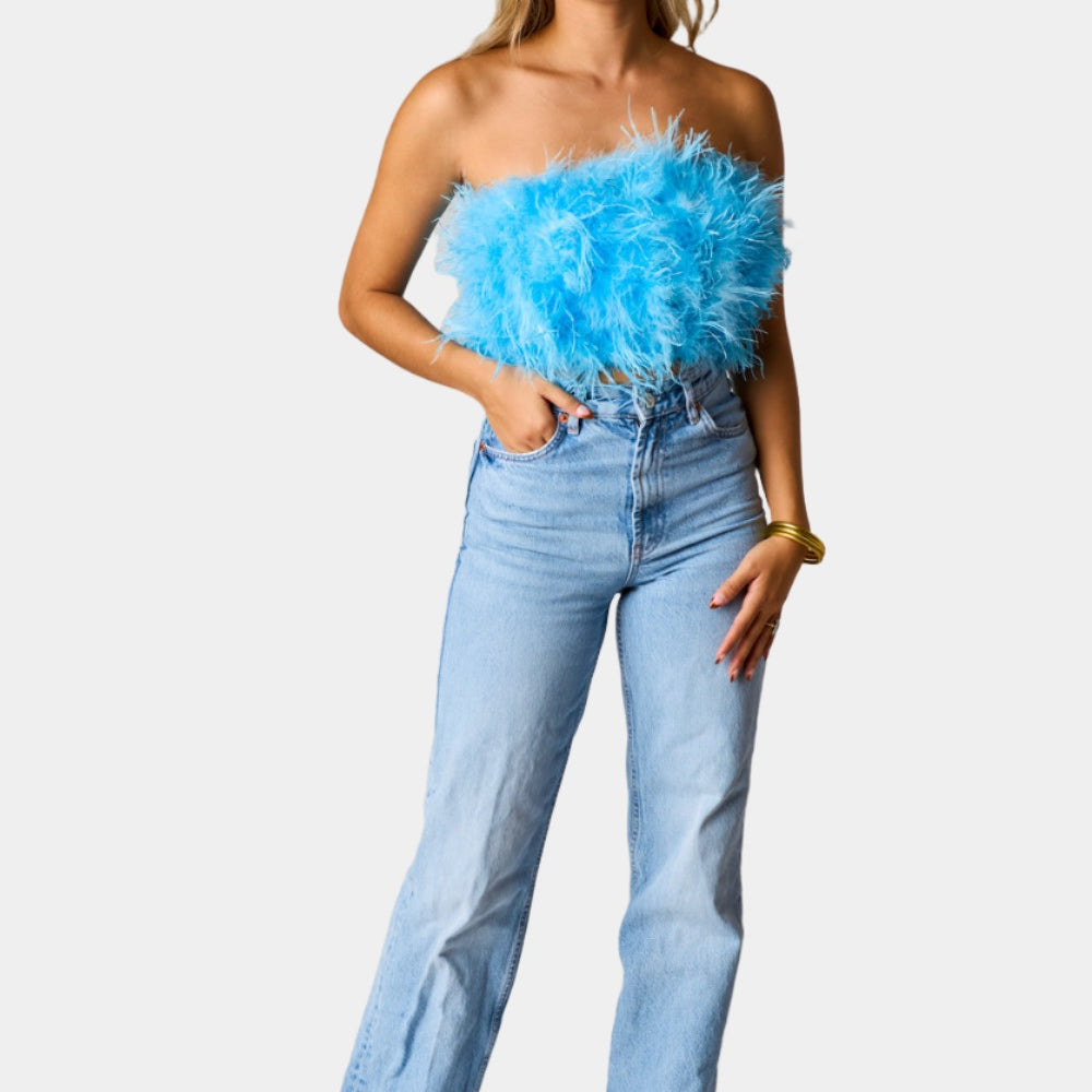 BuddyLove Fancy Strapless Feather Crop Top - Azure Blue
