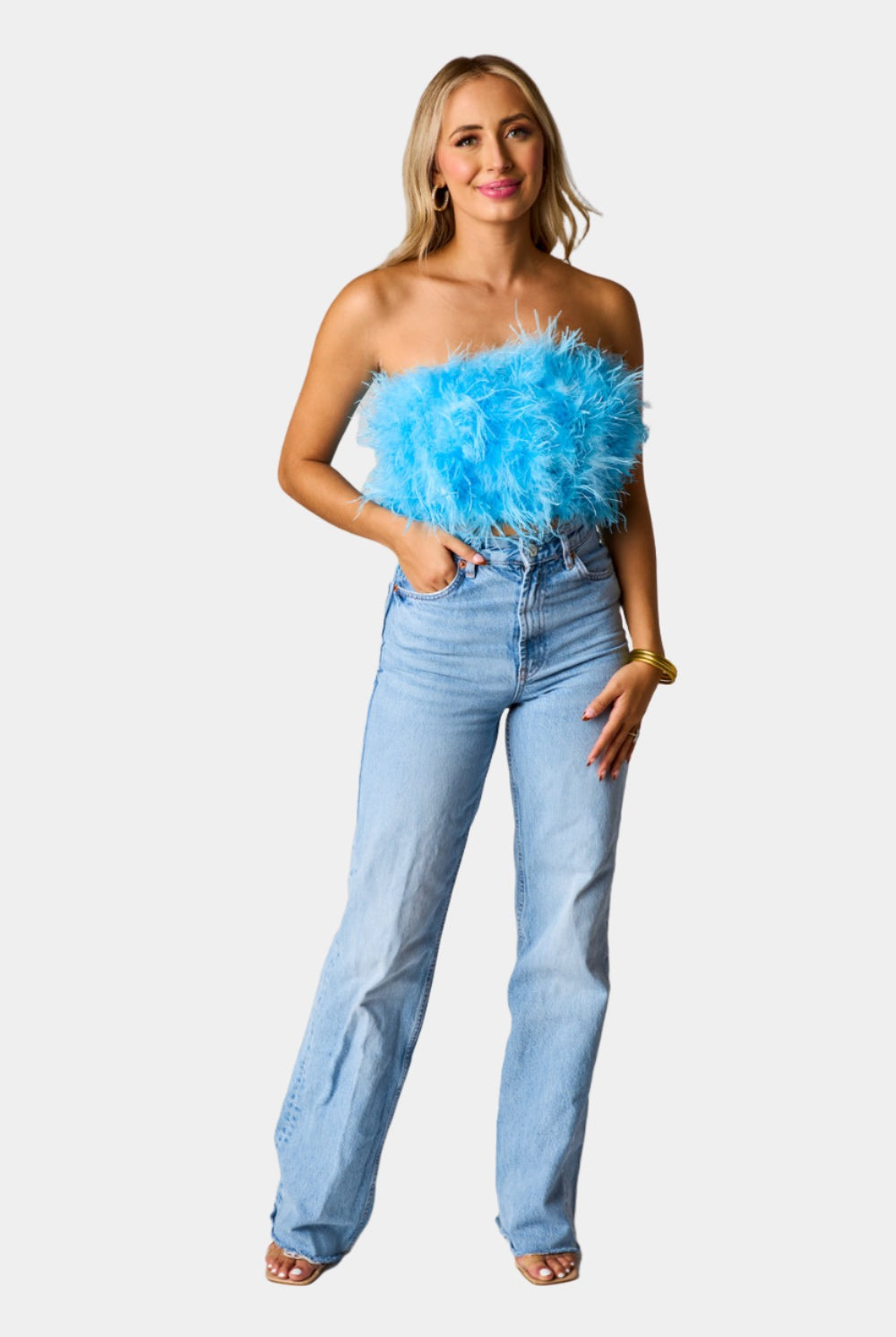 BuddyLove Fancy Strapless Feather Crop Top - Azure Blue