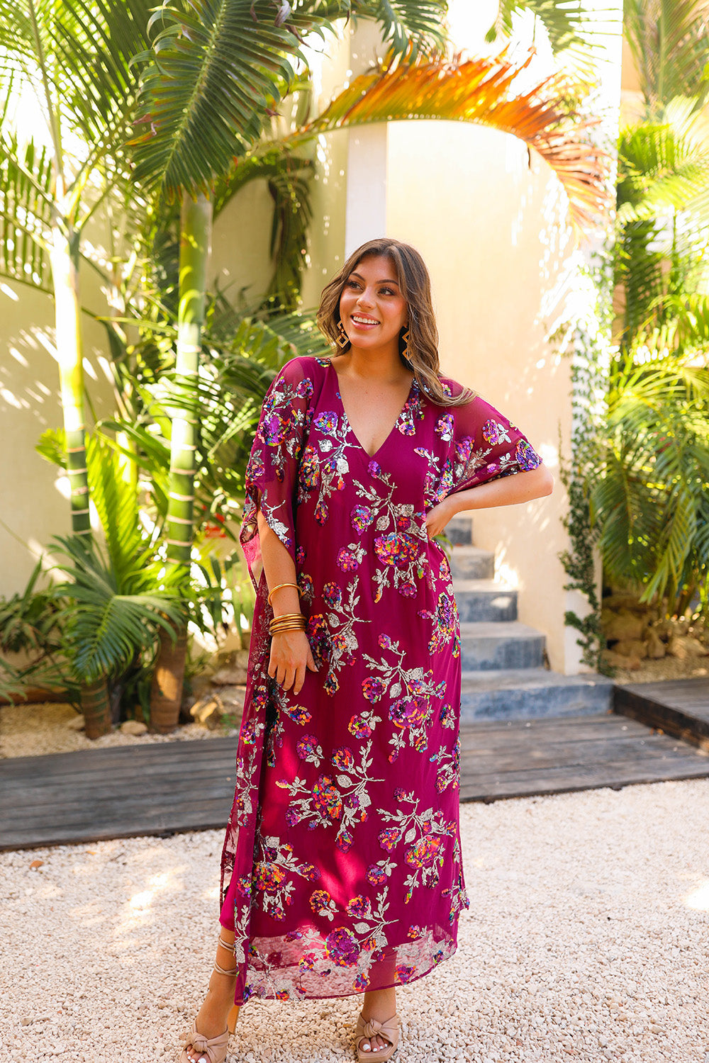 BuddyLove Atlas Sequin Caftan Maxi Dress - Red Sangria