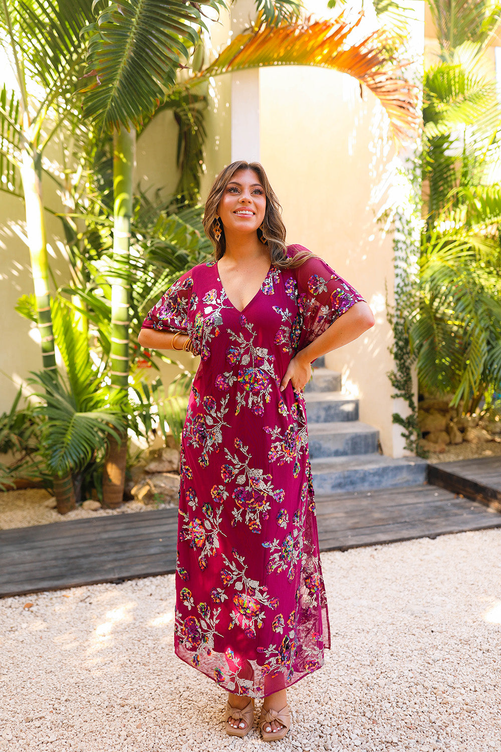 BuddyLove Atlas Sequin Caftan Maxi Dress - Red Sangria