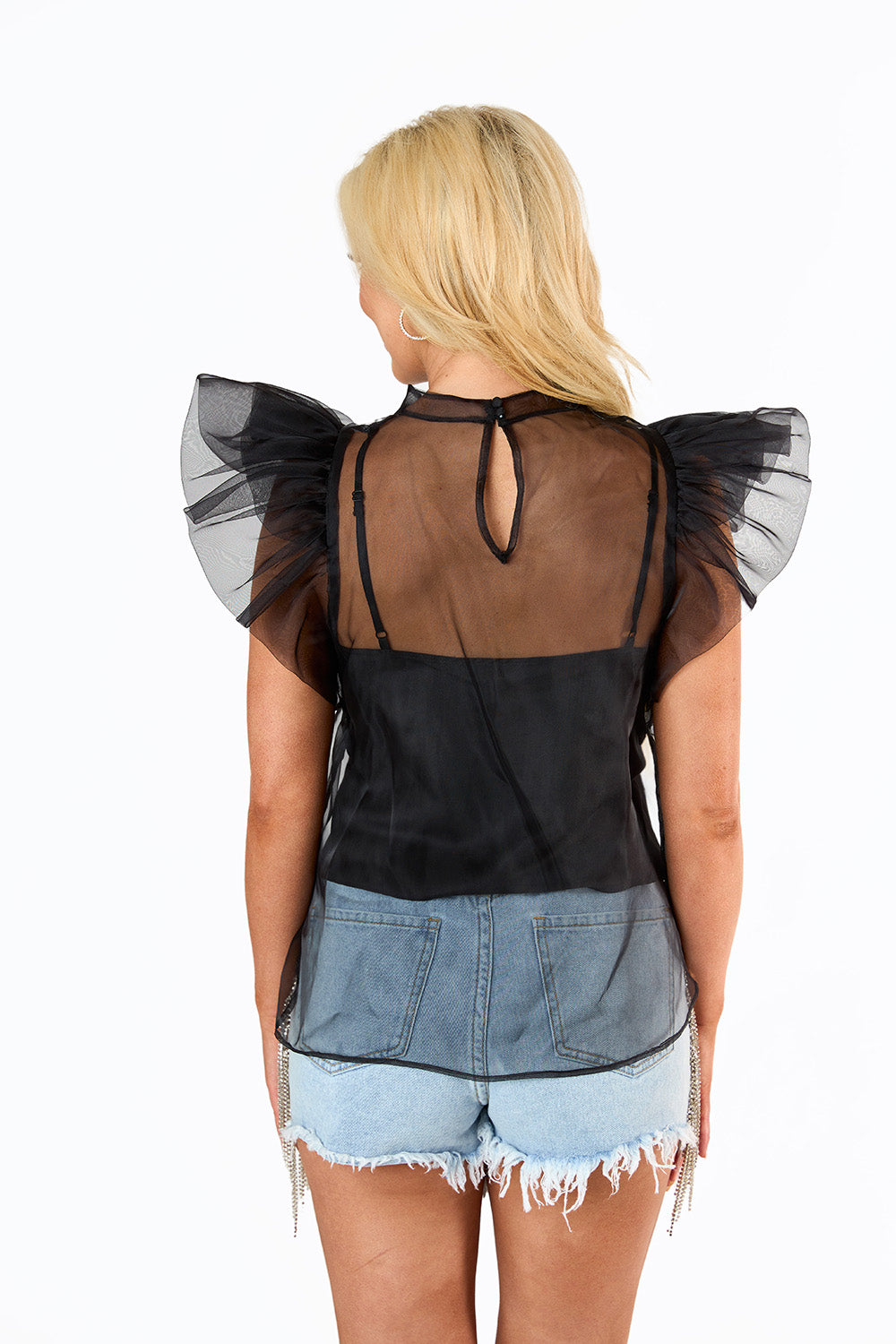 BuddyLove Kaycee Organza Ruffle Sleeve Top - Black