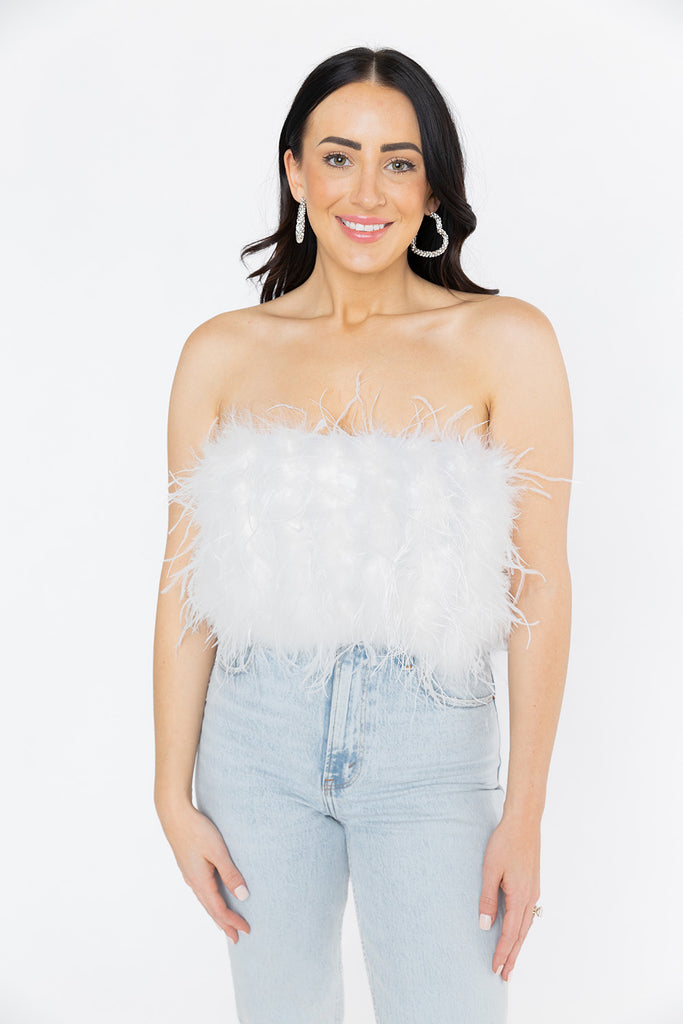 BuddyLove Fancy Strapless Feather Crop Top - White