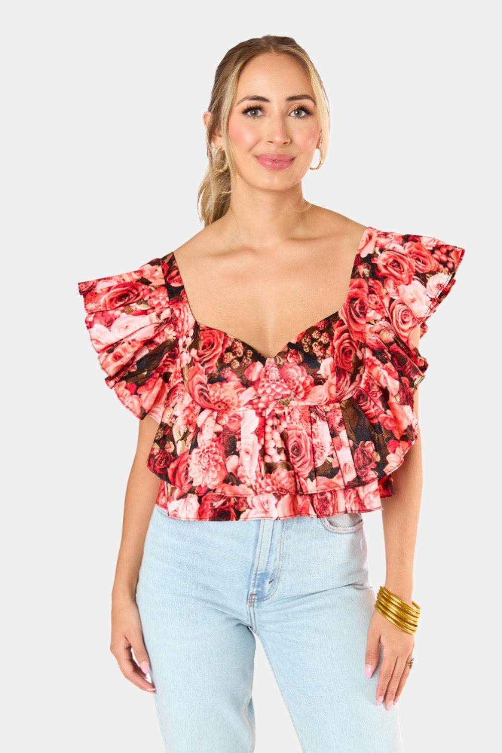 BuddyLove Madeline Ruffle Sleeve Bustier Top - Autumn Rose