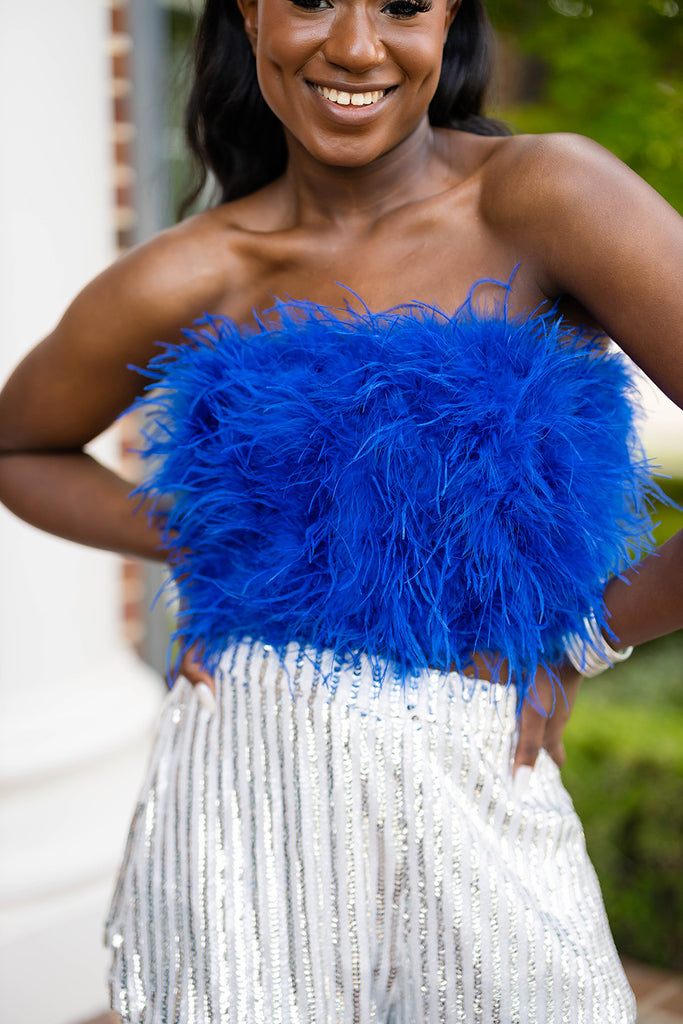 BuddyLove Fancy Strapless Feather Crop Top - Royal Blue