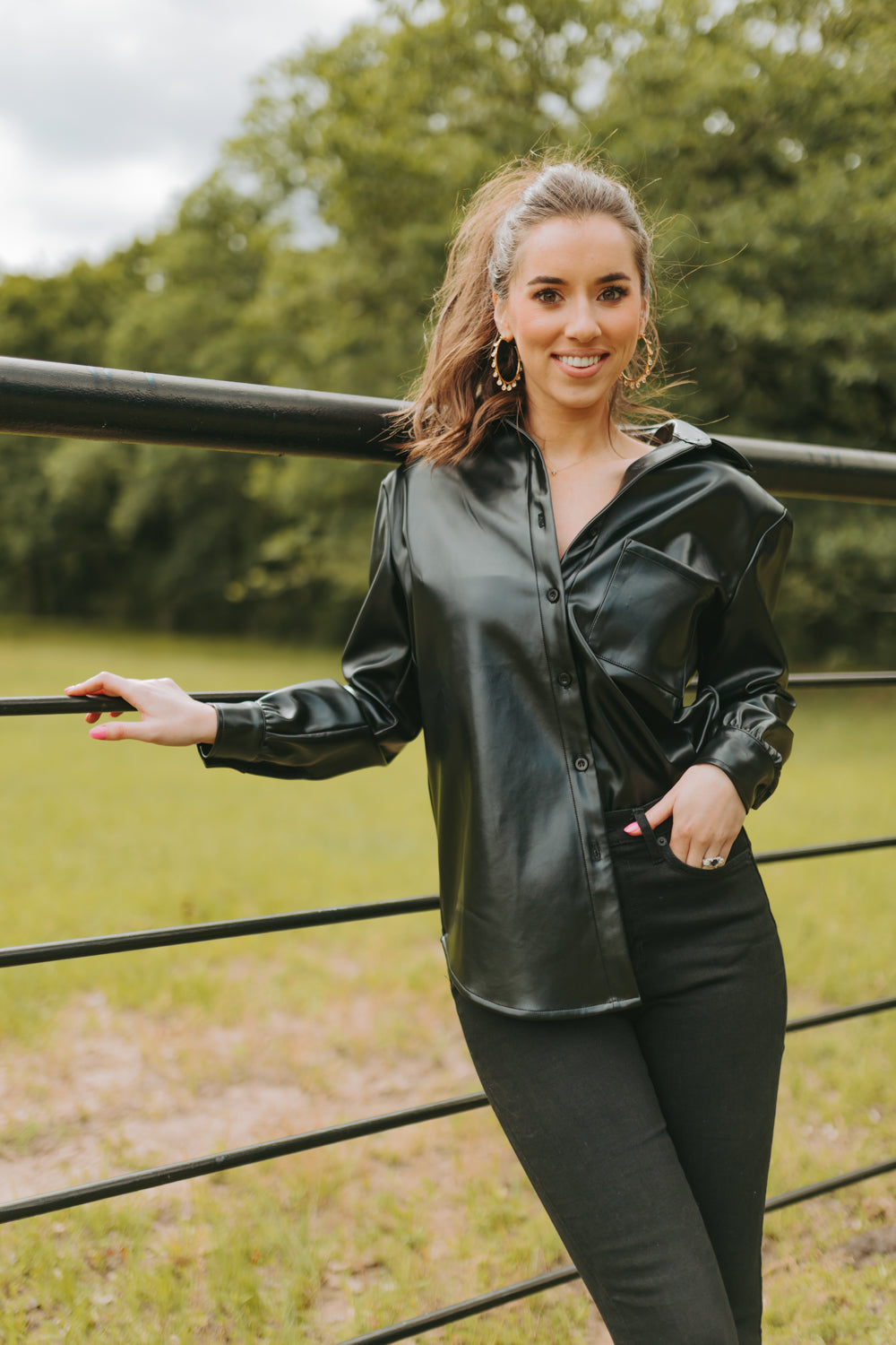 BuddyLove Brielle Vegan Leather Button Up Top - Black