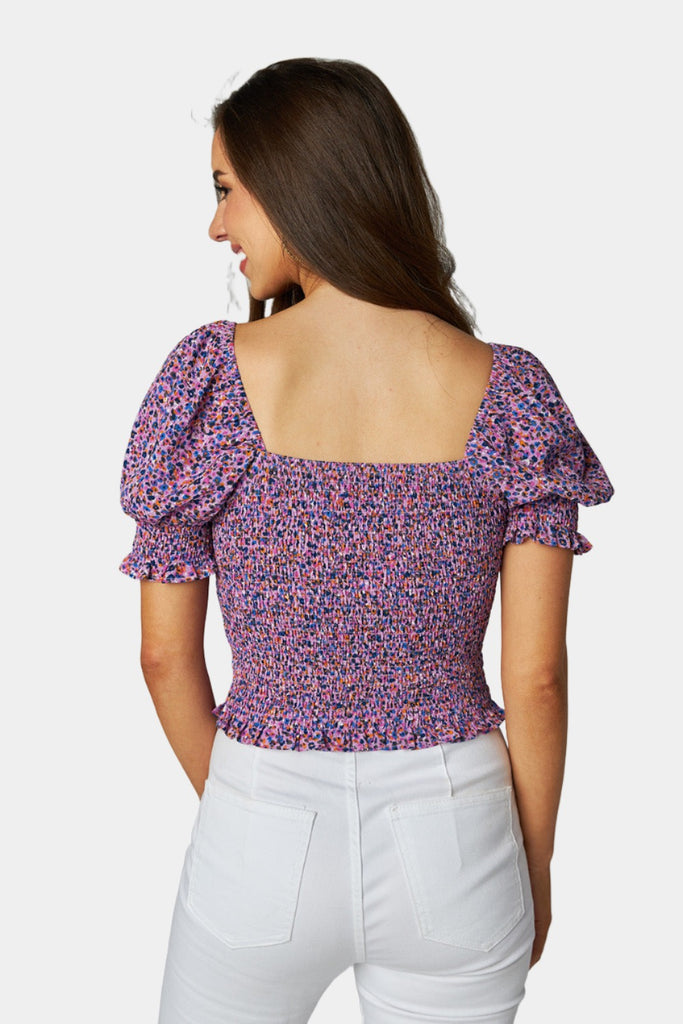 BuddyLove Millie Smocked Tie Front Top - Ditzy Purple