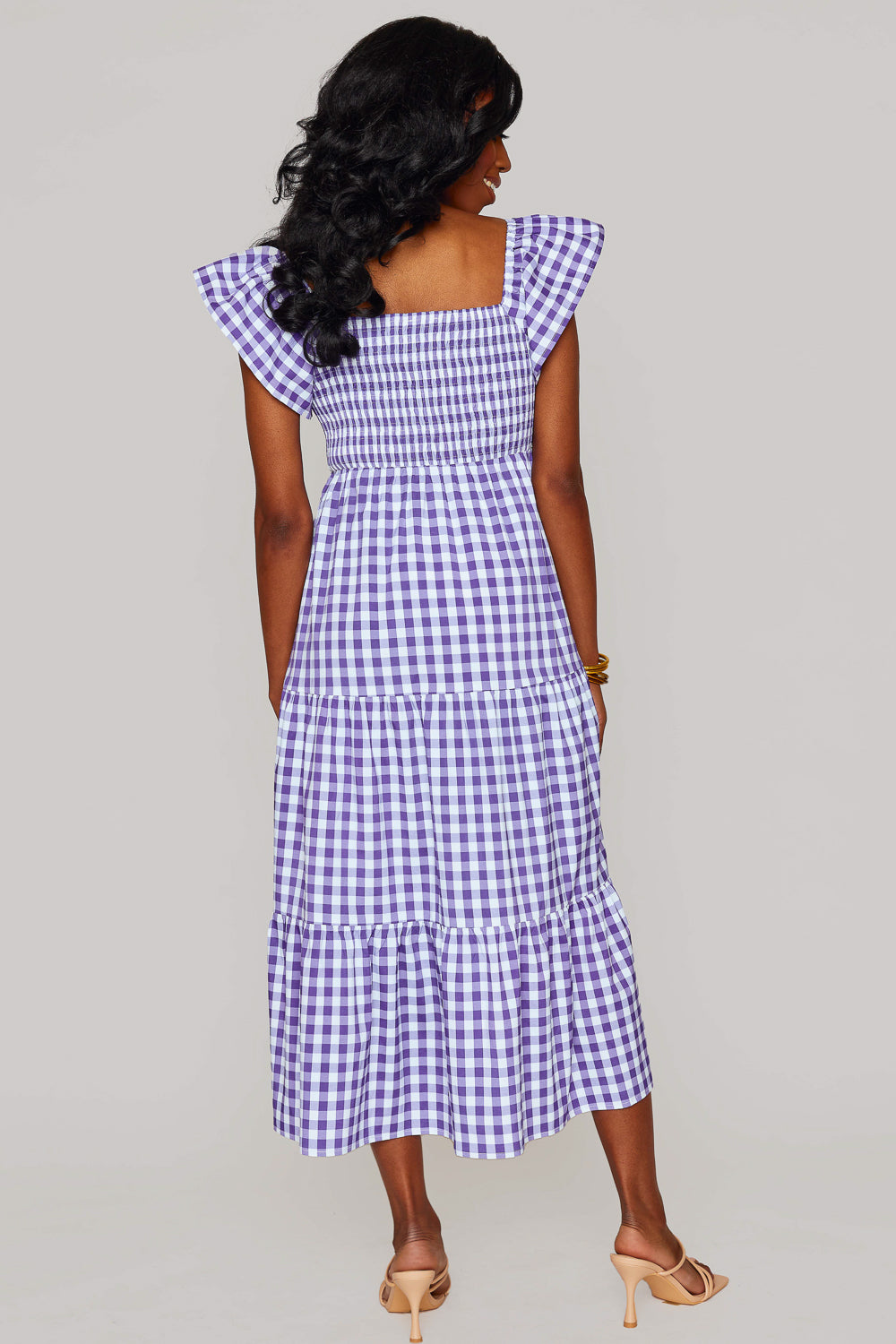 BuddyLove Brynn Ruffle Shoulder Midi Dress - Purple Checker