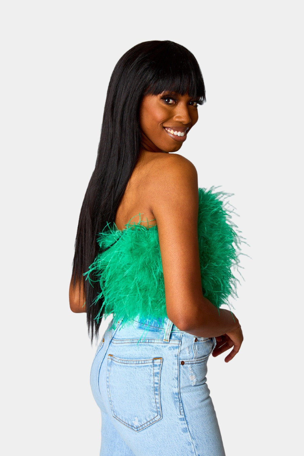 BuddyLove Fancy Strapless Feather Crop Top - Green