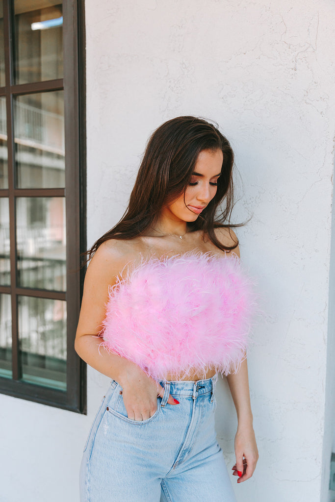 BuddyLove Fancy Strapless Feather Crop Top - Baby Pink